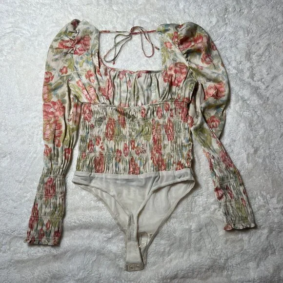 Free People Intimately Floral Smocked Puff Sleeve Bodysuit – Women’s‎ S NWT